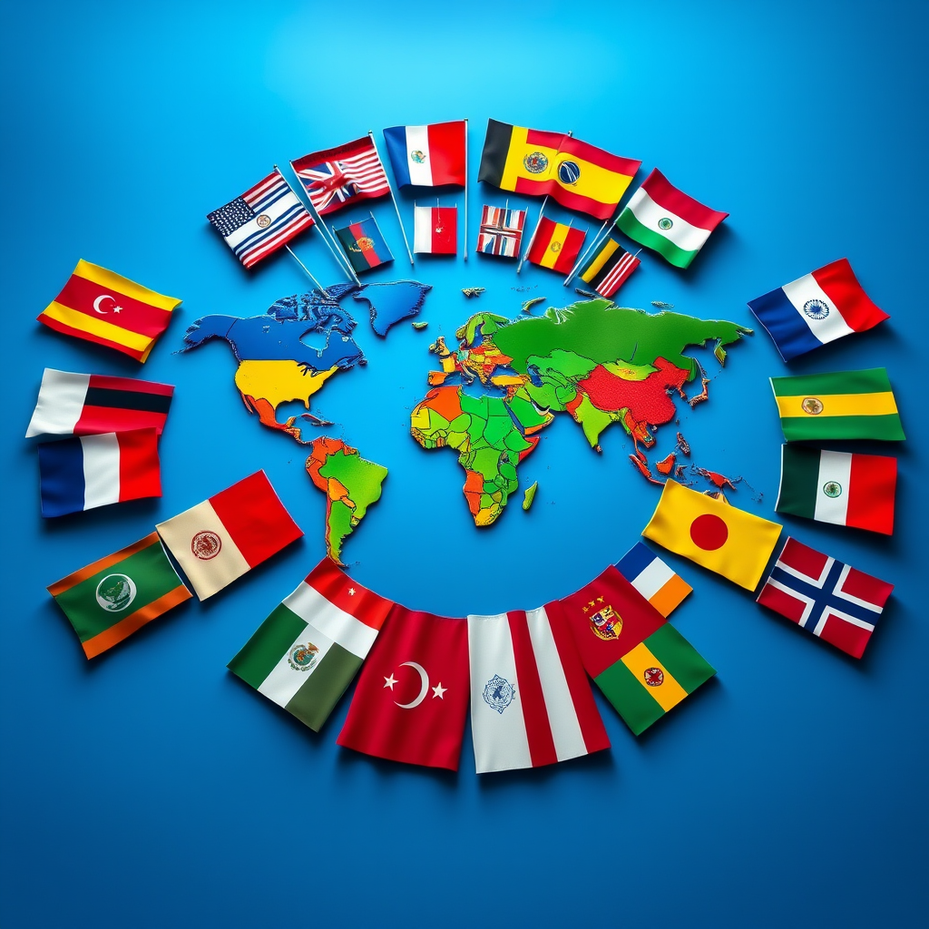 Create a high-resolution digital artwork of a world map with vibrant flags representing different countries arranged around it, using a Canon EOS 5D Mark IV camera, set with an aperture of f/8, shutter speed 1/200 sec, and ISO 100, in a wide-angle view with bright, vivid colors for enhanced visual appeal.