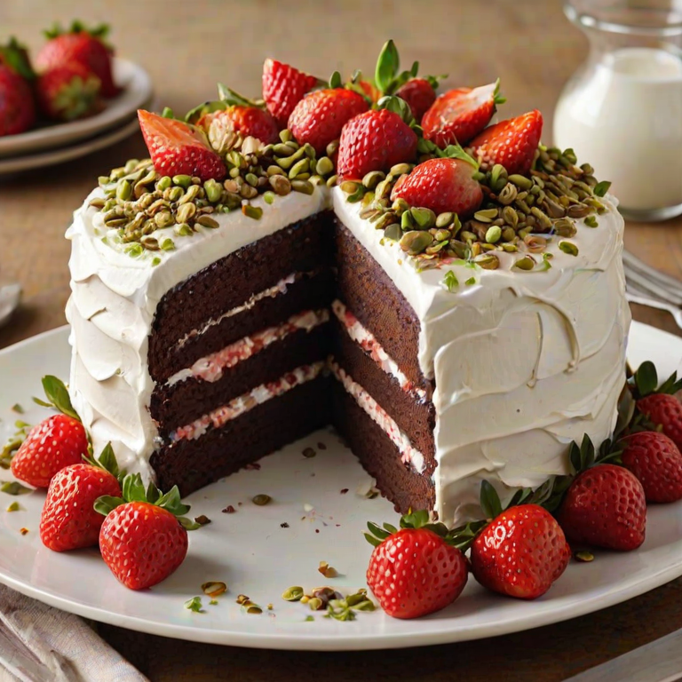 Create an image of a layered chocolate cake with fresh strawberries and whipped cream. The cake should have three layers, with strawberries and chopped pistachios decorating the top. A drizzle of chocolate sauce should be falling over the cake, and the background should be a dark, textured surface to highlight the cake's colors.