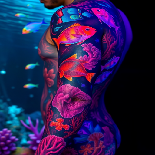 Mesmerizing full-sleeve body tattoo showcasing a realistic underwater scene with iridescent fish and coral reefs in vivid neon colors and blacklight-reactive ink