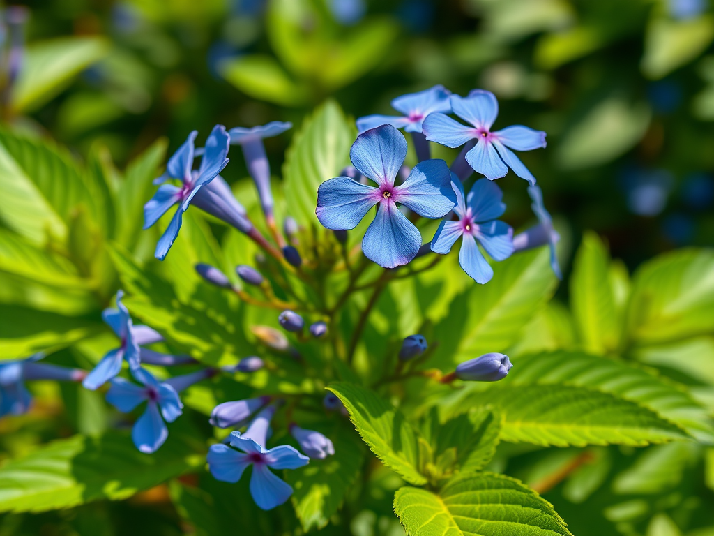 Generate a high-quality illustration of a plant with vibrant blue flowers and lush green leaves, captured with a Canon EOS 5D Mark IV, 50mm lens, f/2.8 aperture, ISO 100, in a bright daylight setting.
