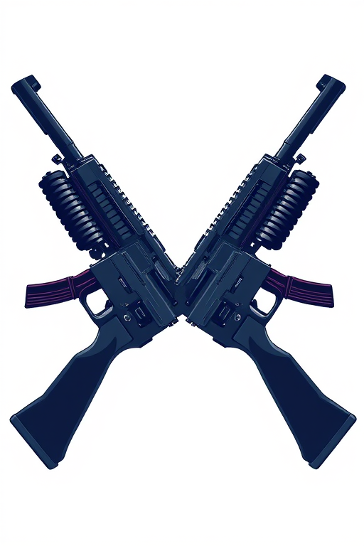 Create a detailed vector illustration of two crossed rifles in a sleek, modern style, ensuring high contrast and clarity, using a 50mm lens, f/2.8 aperture, with a shallow depth of field to enhance focus on the rifles, shot from a low angle to create a dynamic perspective, using a DSLR camera for optimal quality.