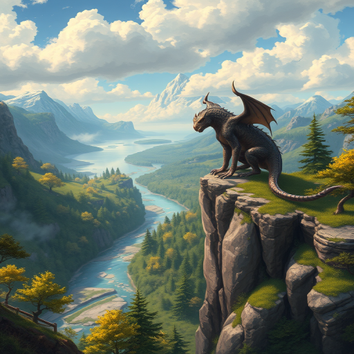 Create a detailed illustration of a fantastical scene featuring a large mythical creature perched on a cliff overlooking a serene landscape with a river, lush trees, and distant mountains, taken with a DSLR camera at f/2.8 aperture, ISO 100, a 50mm lens, in vibrant colors with a soft focus background and dramatic lighting.