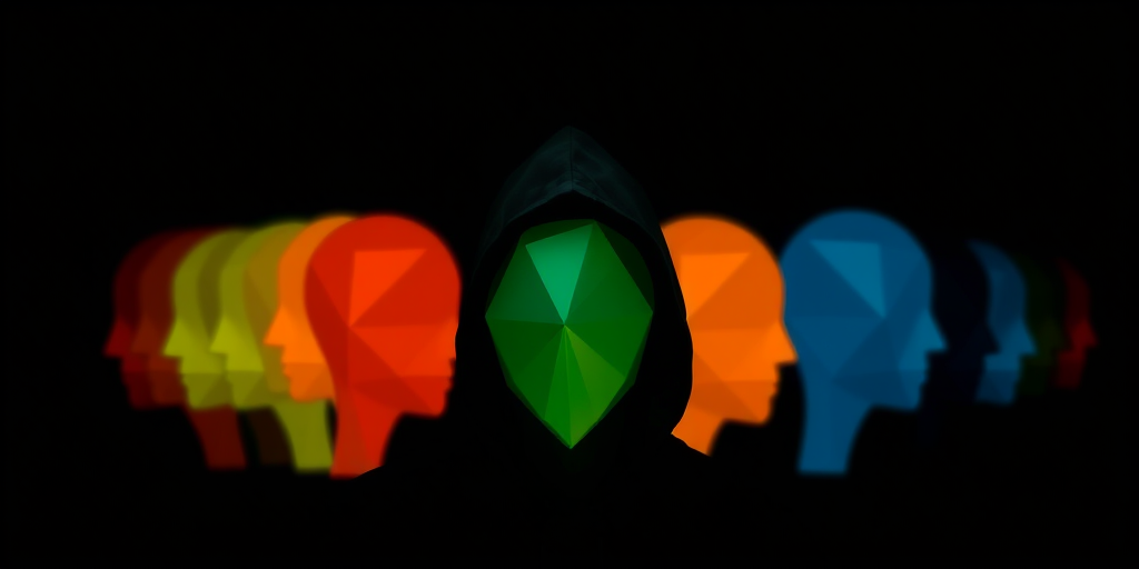 Create an abstract image of colorful geometric heads in a dark background with a hooded figure, using a Canon EOS R5, 50mm lens, f/1.8 aperture, ISO 100, and a shallow depth of field to enhance detail and contrast.