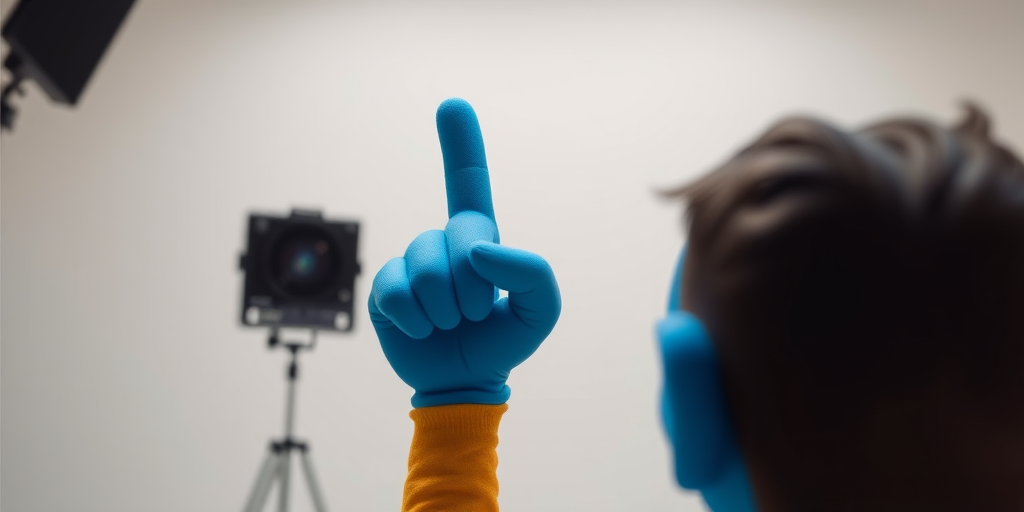 Generate a high-quality image of a 3D character with a blue foam finger raised in the air, using a Canon EOS R5 with a 24-70mm f/2.8 lens at f/4, ISO 100, and a focal length of 50mm, viewed from a low angle to emphasize the character's gesture in a bright, clean studio setting.