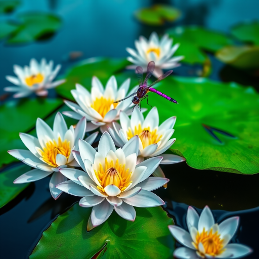 Create a high-resolution illustration of white water lilies with yellow centers and green lily pads, incorporating a vibrant purple dragonfly perched nearby, using a macro lens with an aperture of f/2.8 for shallow depth of field, captured from a low angle to enhance the details of the flowers and dragonfly, using a DSLR camera with vivid color settings.