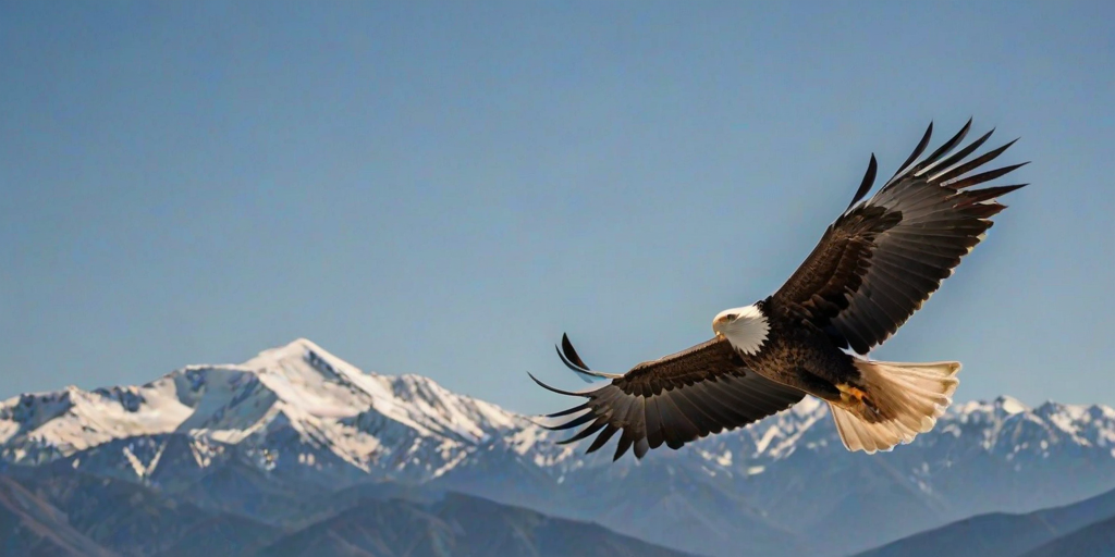 Sharp, detailed photo of a majestic eagle soaring through a clear blue sky, soft sunlight reflecting off its wings, distant mountains visible below, and the feeling of freedom in flight.