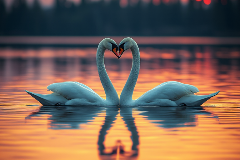 two swans gracefully touching necks in a calm lake at sunset, captured with a Canon EOS R5, 85mm, f/1.8, ISO 200, shallow depth of field, soft focus on water reflections, natural lighting