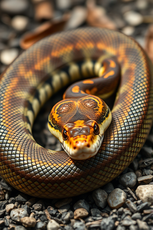 highly detailed close-up of a coiled snake on gravel, focusing on intricate scale patterns, natural lighting, aperture f/2.8, ISO 100, shutter speed 1/200s, macro lens, DSLR camera