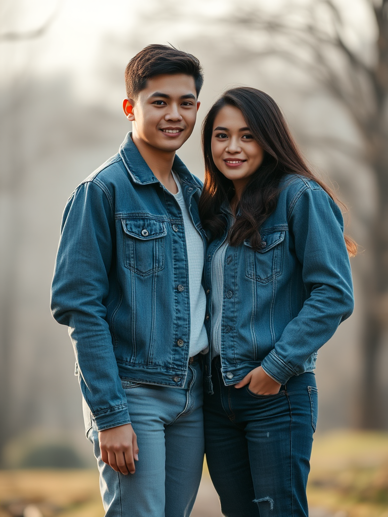 Create a portrait of a young couple wearing denim jackets and jeans, standing close together in a soft, natural light setting, captured with a Canon EOS R5, aperture f/2.8, ISO 100, 50mm lens, with a shallow depth of field for a dreamy background.