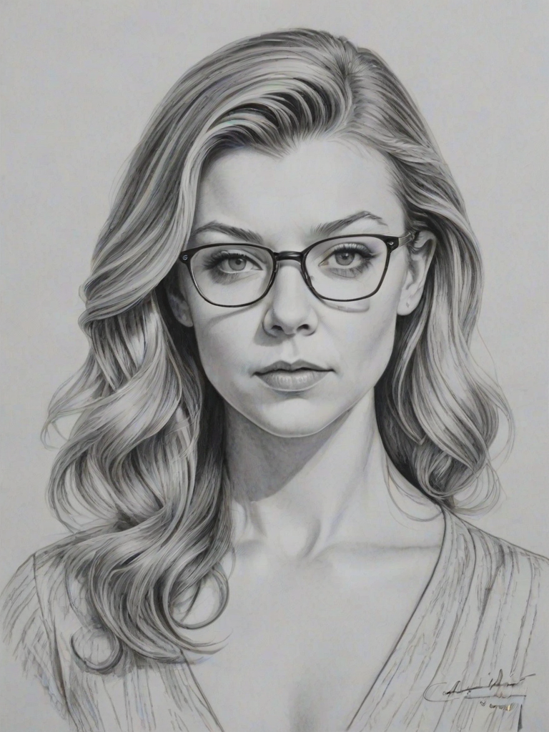 Appealing Natalie Dormer, pencil sketch, portrait of Dazzling woman 1980s in glasses, hair style beatnik, outline, clear lines, fine lines, 8k