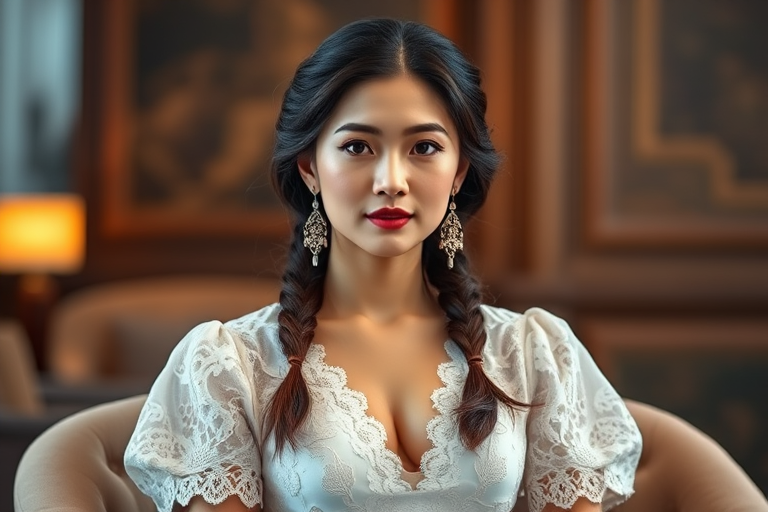 Create a portrait of a refined and elegant Chinese woman seated in a sophisticated setting. She has long, wavy hair styled in two thick braids that are pulled over her shoulders. She wears a white, lace gown with intricate patterns, featuring a deep V-neckline and short sleeves. The dress exudes a vintage charm with its delicate lacework. She is adorned with ornate, dangling earrings that add a touch of glamour to her appearance. The background is softly lit, with warm, ambient lighting that creates a cozy and inviting atmosphere. Her expression is poised and serene, capturing a sense of grace and elegance.