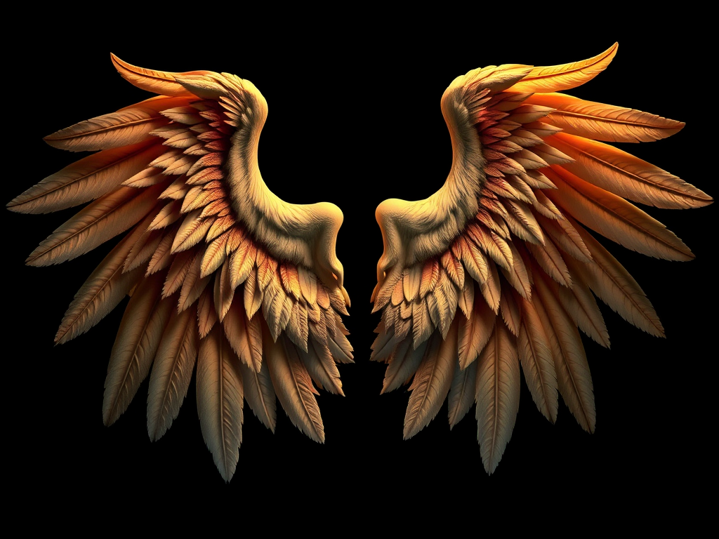 regenerate the image of angel wings with intricate details and shading, camera settings: f/4.0, ISO 100, 1/200 sec, camera view: front view, camera style: high contrast, camera type: DSLR