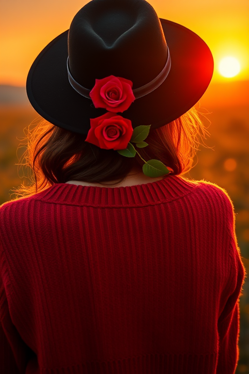 capture a rear view of a person in a red sweater and black hat adorned with a rose in a natural field during golden hour using a DSLR camera with a 50mm lens at f/1.8, ISO 100, shutter speed 1/200s for enhanced depth of field and vibrant colors