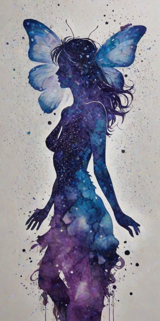 Captivating conceptual render alcohol ink art, double exposure, the paint strokes artfully merge combining a woman's full silhouette with a Beaming butterfly's silhouette. The figures are composed of a series of colored dots, lines & spots that evoke the image of a cosmic galaxy, colors are deep shades of blue purple & black with flashes of white & silver representing distant stars. The woman's silhouette is formed within the lion's silhouette from constellations of scattered stars, surreal