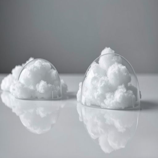 Create a surreal image of fluffy white clouds encased in reflective, curved glass shapes on a smooth, glossy surface, captured with a Canon EOS R5, 50mm lens, f/1.8, ISO 100, and a shallow depth of field to emphasize clarity and detail in a moody, soft-focus background.