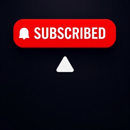 Generate an image of a red subscription button with the word "SUBSCRIBED" in bold white letters, accompanied by a notification bell icon, shot with a DSLR camera at f/2.8, ISO 100, 50mm lens, top-down view, vibrant colors with high contrast.