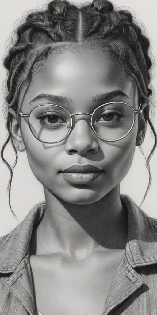 Sublime Halle Bailey, pencil sketch, portrait of Bewitching woman 1958s in glasses, hair style beatnik, outline, clear lines, fine lines, 8k