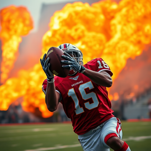 dynamic shot of a football player catching a ball with fiery effects in the background, taken with a DSLR camera at f/2.8 aperture, 1/500 sec shutter speed, ISO 100, 50mm lens, low angle view, high contrast and vivid colors