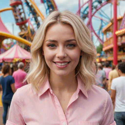 realistic image of a blonde woman, she is in an amusement park, she is wearing a pink shirt
