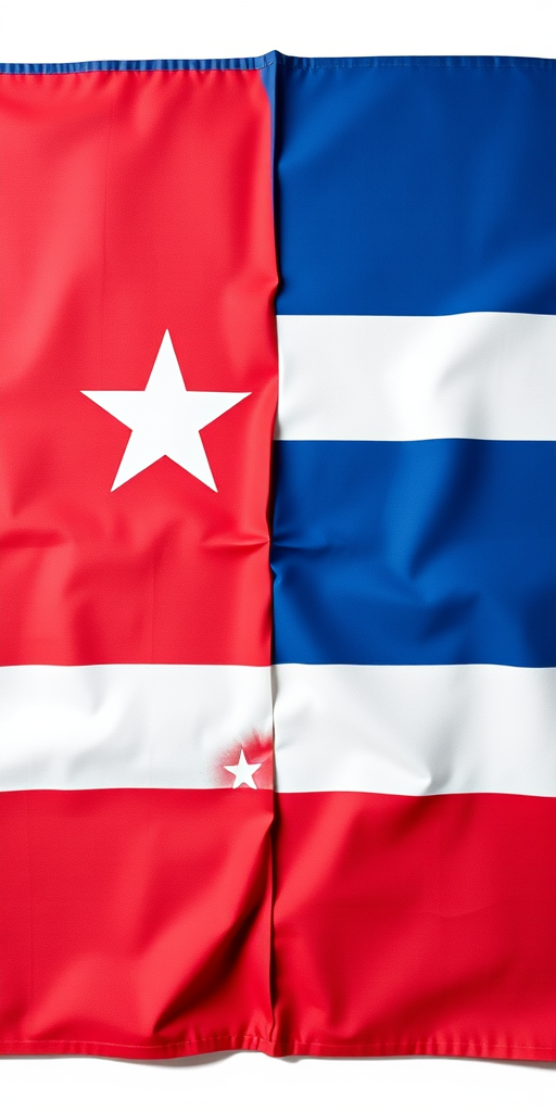 Generate an image of the Cuban flag featuring a red triangle with a white star, three horizontal blue stripes, and two white stripes in a high-definition format, using a DSLR camera set to ISO 100, aperture f/8, and a shutter speed of 1/125s, capturing a flat lay perspective with natural lighting.