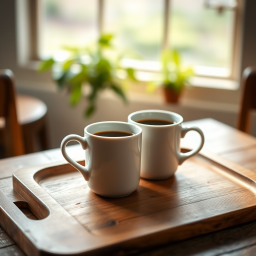 two white mugs of coffee on a wooden tray on a rustic table, soft natural lighting, depth of field with blurred background, camera type: DSLR, lens: 50mm f/1.8, aperture: f/2.8, ISO: 200, shutter speed: 1/100s