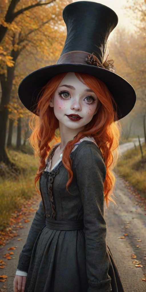 digital art fantasy depicting a strange girl with orange hair, long eyelashes, black lipstick and a tall hat walking along a winding road on an autumn afternoon, an Axolotl smiles as she passes