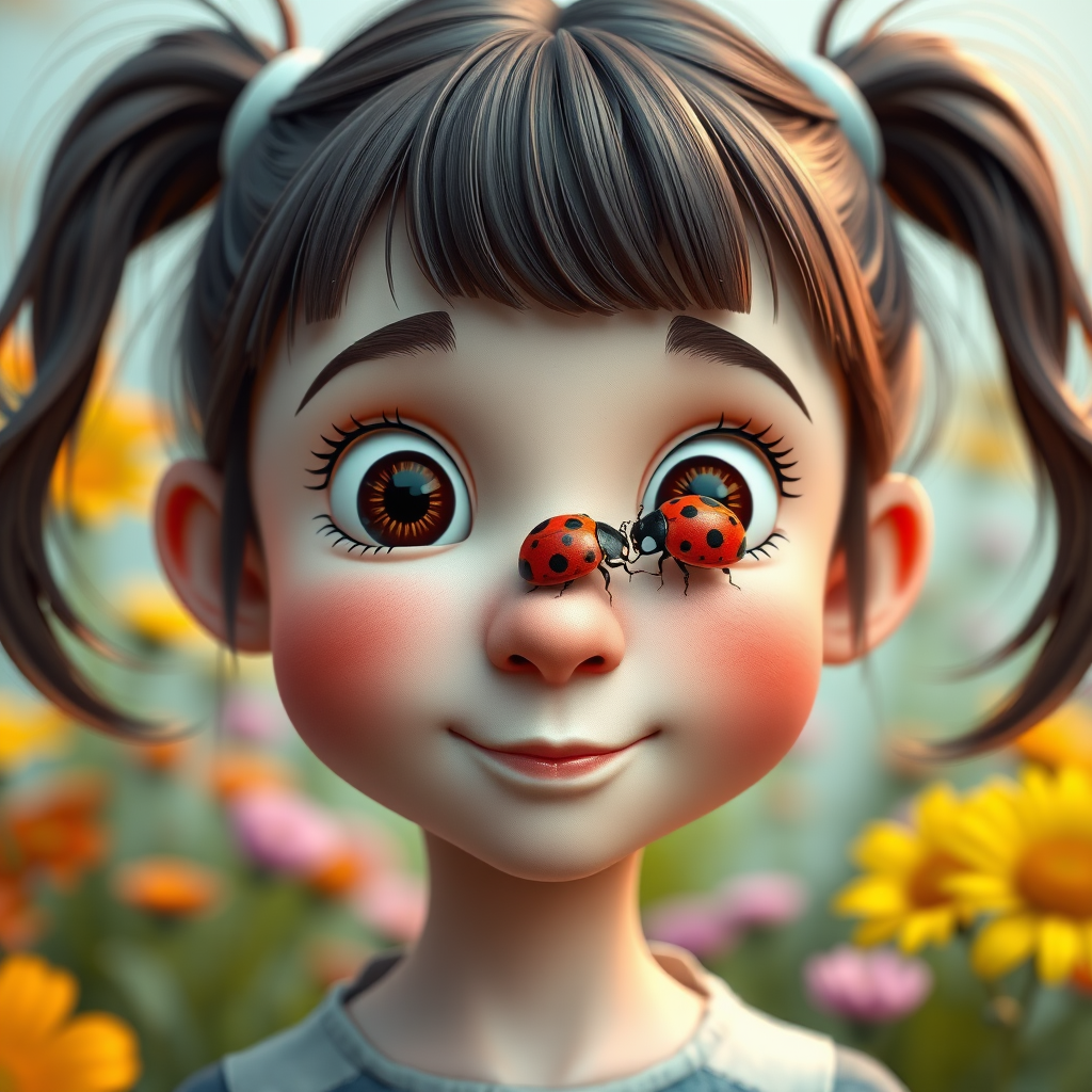 whimsical comical cartoon art Quentin Blake style, closeup portrait view of a cute girl with two ponytails in her hair, an adorable ladybug sits on her nose, funny children’s book illustration with bright colors and flowers in the background