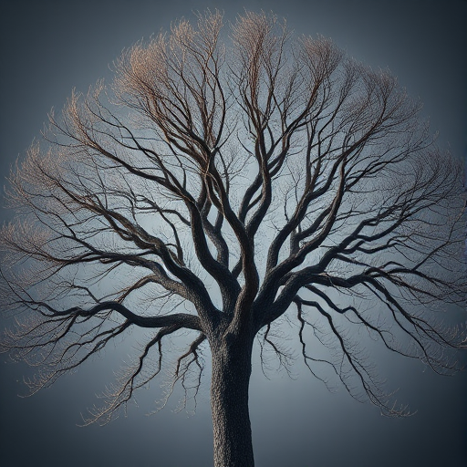 Generate a highly detailed illustration of an intricate tree with bare branches, captured in high resolution with a DSLR camera at f/2.8, ISO 100, 50mm lens, using a shallow depth of field to emphasize the tree's structure and enhance sharpness.