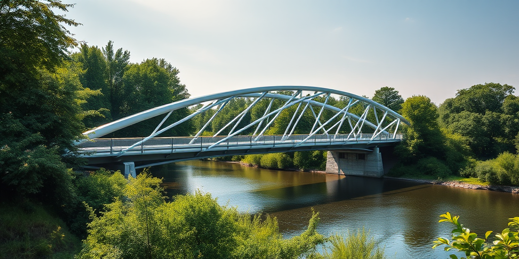 Create a high-resolution image of a modern, intricate bridge over a river surrounded by lush greenery during a clear day, using a DSLR camera with a 50mm lens, aperture f/8, ISO 100, and a soft natural lighting effect.