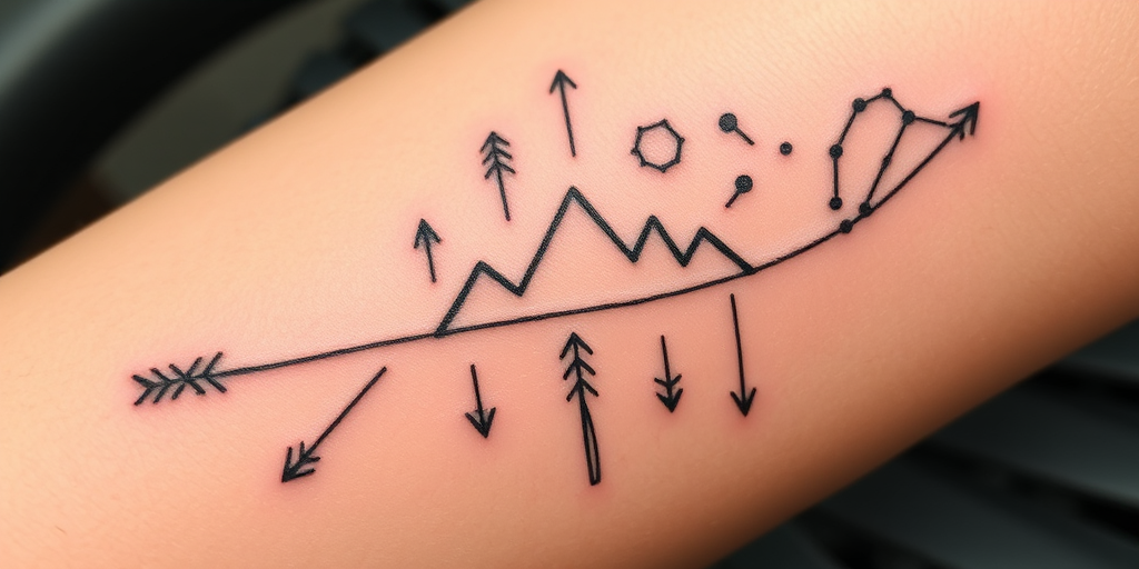 Stick and poke tattoo dubbed "Nomad's Journey" featuring simple, hand-poked designs of arrows, mountains, and constellations arranged in a meaningful pattern