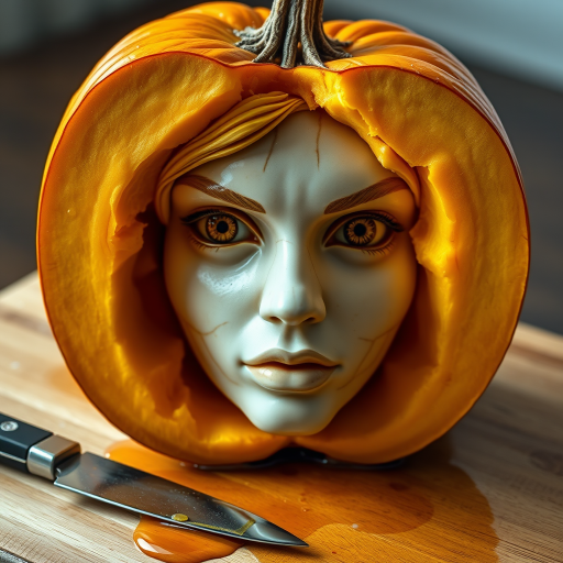 A hyperdetailed photorealistic macro color saturated high resolution image of a pumpkin cut in half, with the pumpkin pit being a highly detailed sculpted woman's face with her eyes open and pumpkin-colored irises. The face has a marble texture. The image includes condensation, moisture, and pumpkin juice. The pumpkin is on a wooden cutting board with a small fruit knife nearby, also covered with juice.