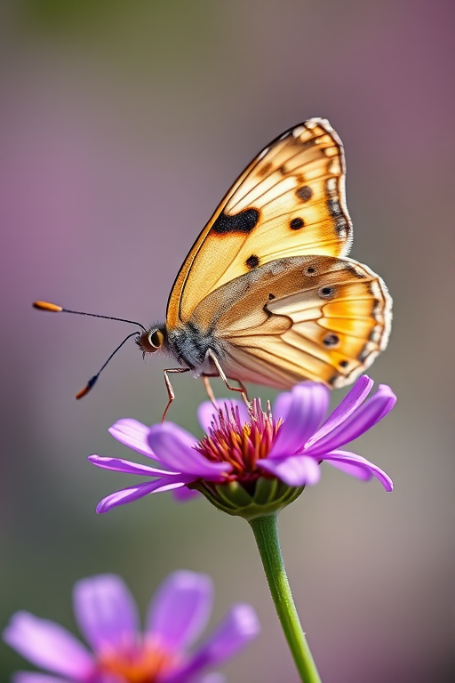 capture a close-up of a butterfly resting on a purple flower with a soft blurred background, using a Canon EOS 5D Mark IV, f/2.8 aperture, 1/200 sec shutter speed, ISO 100, with natural lighting and a macro lens effect for enhanced detail and vibrant colors
