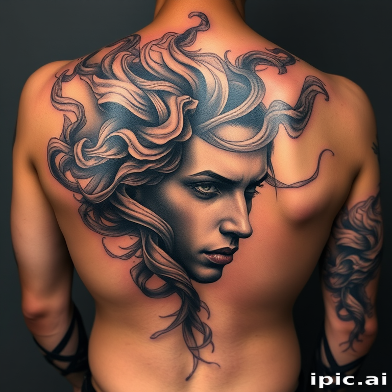 Captivating realism tattoo portrait on the back showcasing a hyper-detailed face emerging from swirling smoke tendrils with expert shading and subtle color accents for added depth