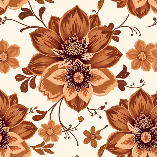 Create a seamless floral pattern featuring large brown and beige flowers with intricate designs, accompanied by smaller flowers and gentle vines on a light beige background.