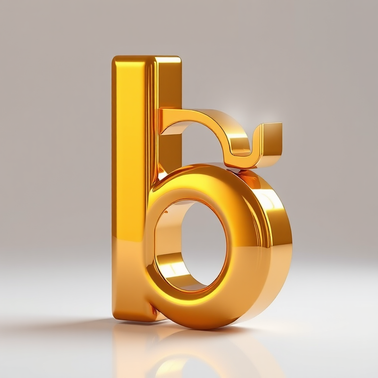 Create a high-resolution 3D rendering of a glossy gold letter "b" with soft lighting, capturing reflections and highlights, using a Canon EOS 5D Mark IV, 50mm f/1.8 lens, aperture f/8, ISO 100, shot from a slightly elevated angle to enhance depth and detail.