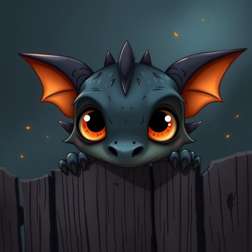 A small, scruffy cartoon-like dragon peers over a wooden fence with wide, expressive amber eyes, giving it an endearing look. The dark, muted background with streaks of faded color adds to the atmosphere of vulnerability and longing. The dragon's oversized eyes, full of emotion, draw the viewer in, evoking a sense of empathy and tenderness. Flecks of light and small bits of debris gently float through the scene, creating a soft, melancholic mood as the dragon waits patiently for comfort.