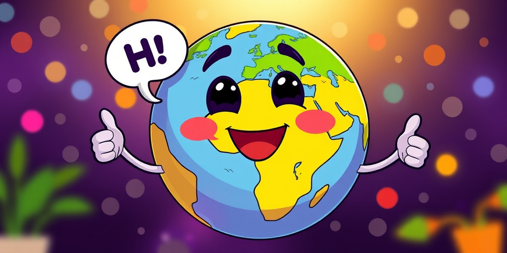 Create a colorful cartoon-style illustration of a smiling Earth with speech bubbles saying "HI!", a heart, and thumbs up, using vibrant colors and a digital art style, captured with a high-resolution digital camera at f/4, ISO 100, and 24mm lens, in a bright and cheerful ambiance.