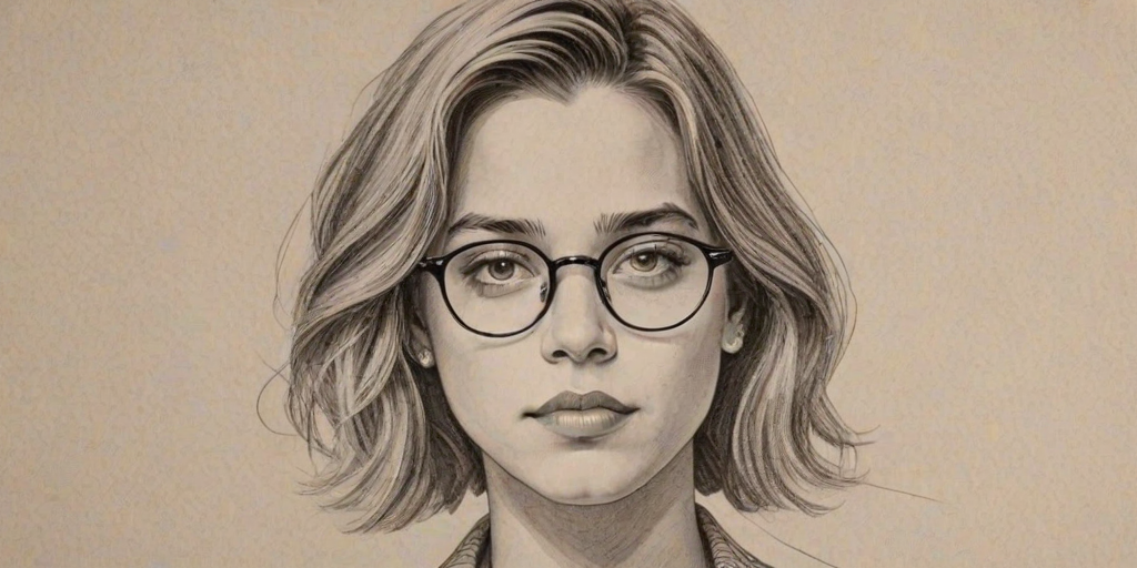Resplendent Cole Sprouse, pencil sketch, portrait of Appealing woman 1928s in glasses, hair style beatnik, outline, clear lines, fine lines, 8k