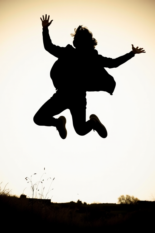 Create a high-contrast silhouette of a person jumping joyfully, captured with a DSLR camera using a low angle view, f/2.8 aperture, ISO 100, and a 50mm lens to enhance clarity and dramatic effect.