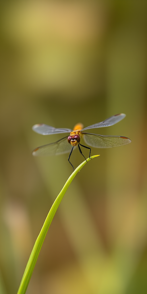 macro shot of a dragonfly perched on a green leaf with blurred natural background, aperture f/2.8, shutter speed 1/200s, ISO 100, 50mm lens, shallow depth of field, natural lighting, DSLR camera