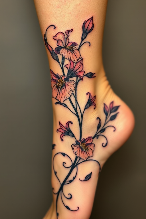 Enchanting art nouveau-inspired floral tattoo with sinuous lines and organic shapes, depicting blooming irises and trailing vines, gracefully wrapping around the ankle and lower leg