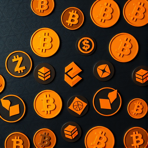 Create a high-resolution flat lay image of stylized orange cryptocurrency logos on a dark background, with soft shadows, using a DSLR camera with a 50mm lens, aperture set at f/2.8, ISO 100, and a focal length of 50mm for enhanced detail and depth of field.