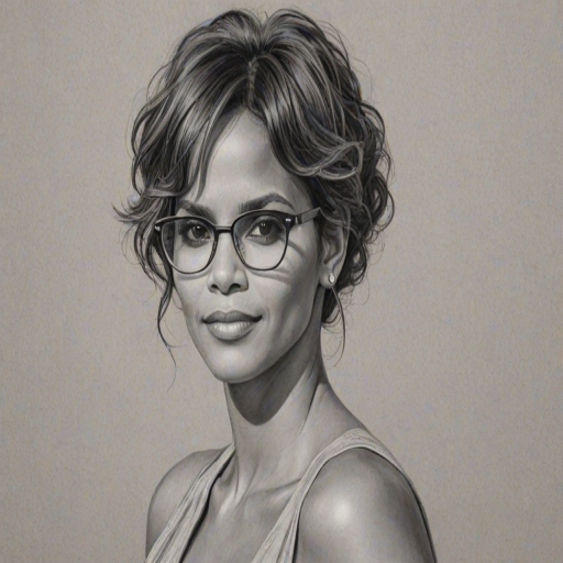 Magnificent Halle Berry, pencil sketch, portrait of Sublime woman 1937s in glasses, hair style beatnik, outline, clear lines, fine lines, 8k