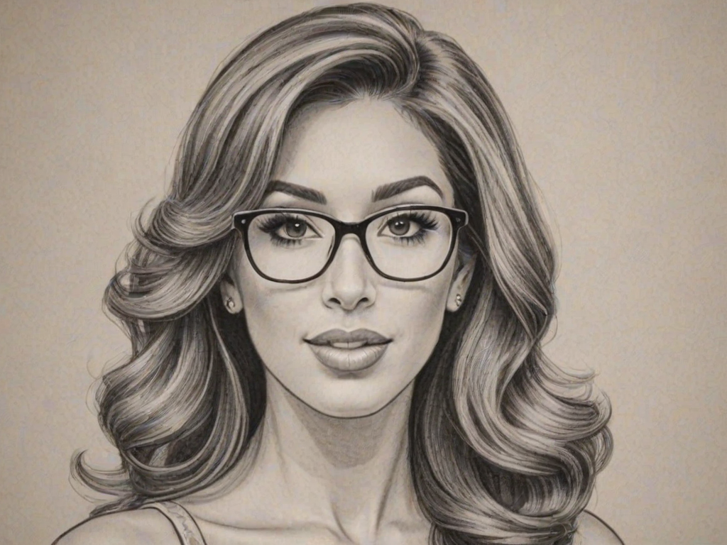 Ravishing Farrah Abraham, pencil sketch, portrait of Attractive woman 1950s in glasses, hair style beatnik, outline, clear lines, fine lines, 8k