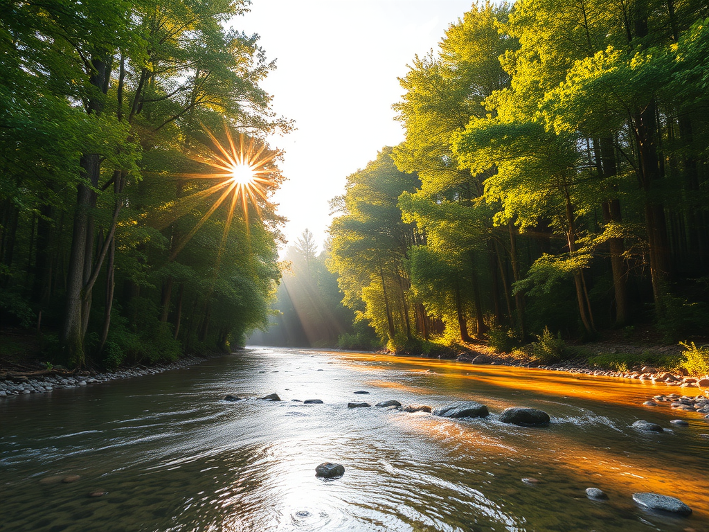 Create an image of a serene, sunlit forest scene with a clear, gently flowing river. Tall trees with lush green foliage line both sides of the river, their leaves bathed in the warm golden light of the setting or rising sun. The sunlight filters through the trees, casting soft, dappled light on the river, which flows over smooth rocks and pebbles, creating a peaceful, natural atmosphere. The sky is bright with a few scattered clouds, and the overall mood is tranquil, evoking a deep sense of connection with nature. The image captures the beauty of a calm, pristine forest landscape at either dawn or dusk.