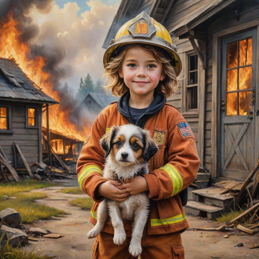 airbrushed oil painting, pixar style, cute little girl in fireman gear, helmet, tousled hair, expressive eyes, standing in the doorstep of a cottage burning behind him, holding a cute little dog in her arm, atumn sky