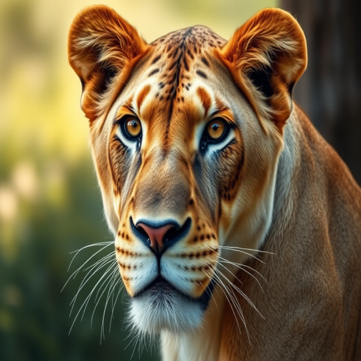 Create a realistic and detailed illustration of a lioness's face, captured with a DSLR camera at f/1.8 aperture, ISO 100, 85mm lens, in natural light with a shallow depth of field for a soft background effect.