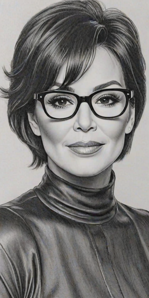 Bewitching Kris Jenner, pencil sketch, portrait of Fetching woman 1936s in glasses, hair style beatnik, outline, clear lines, fine lines, 8k