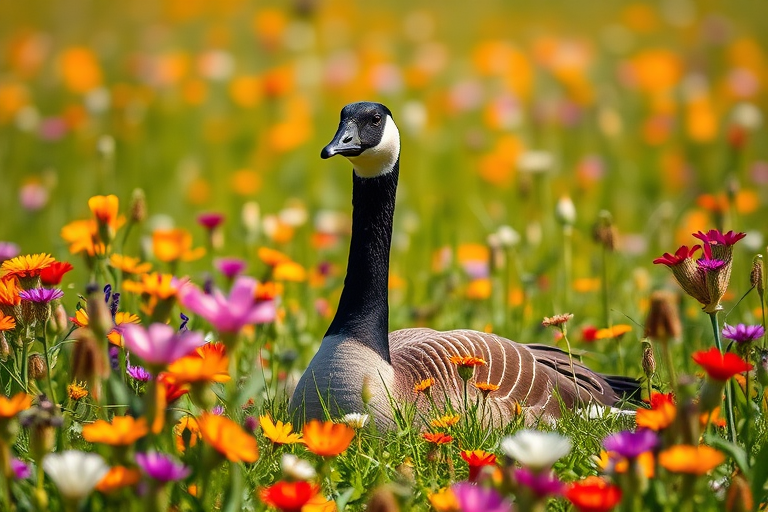 A Canada goose resting among vibrant wildflowers in a sunny field, shot with a Canon EOS R5, 85mm lens, aperture f/2.8, ISO 200, soft-focus background for depth, natural lighting.