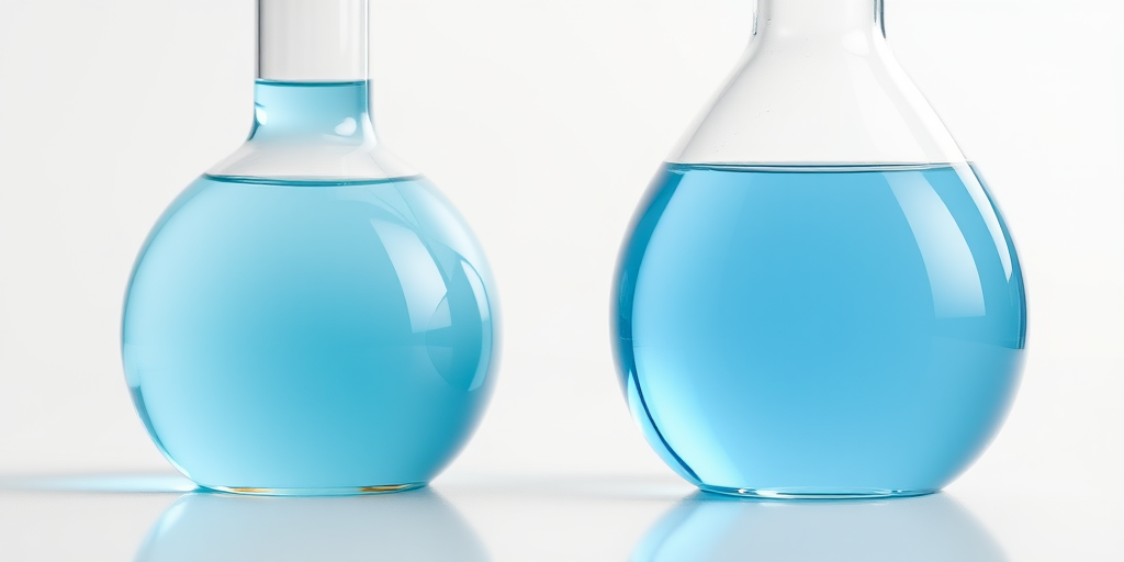 create a highly detailed illustration of a round laboratory flask filled with light blue liquid, emphasize reflections and transparency with soft lighting, use a Canon EOS 5D Mark IV, aperture f/2.8, ISO 100, 50mm lens, studio shot with a clean white background